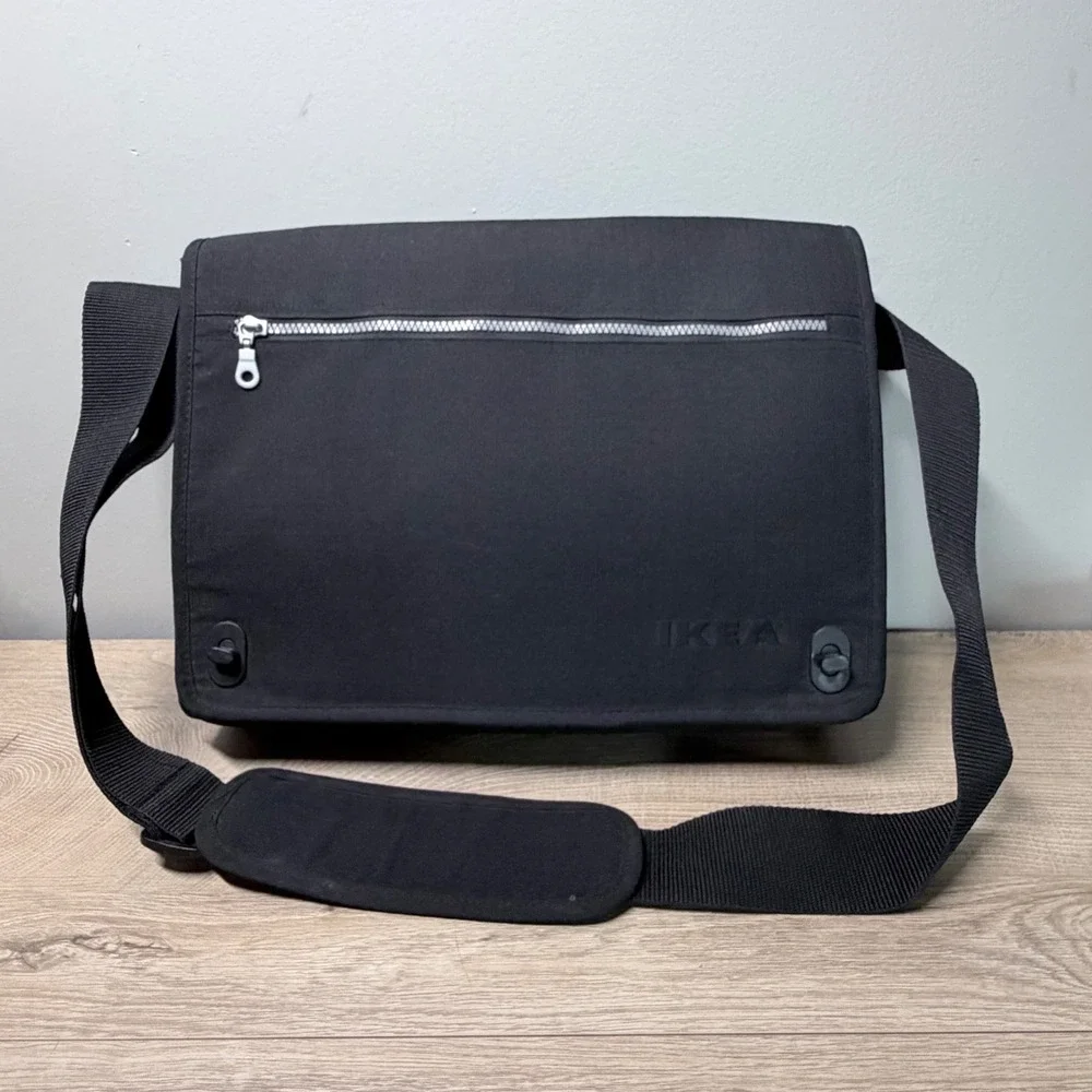 IKEA Messenger Bag Unisex Large Black Minimalist Padded Laptop Shoulder Satchel